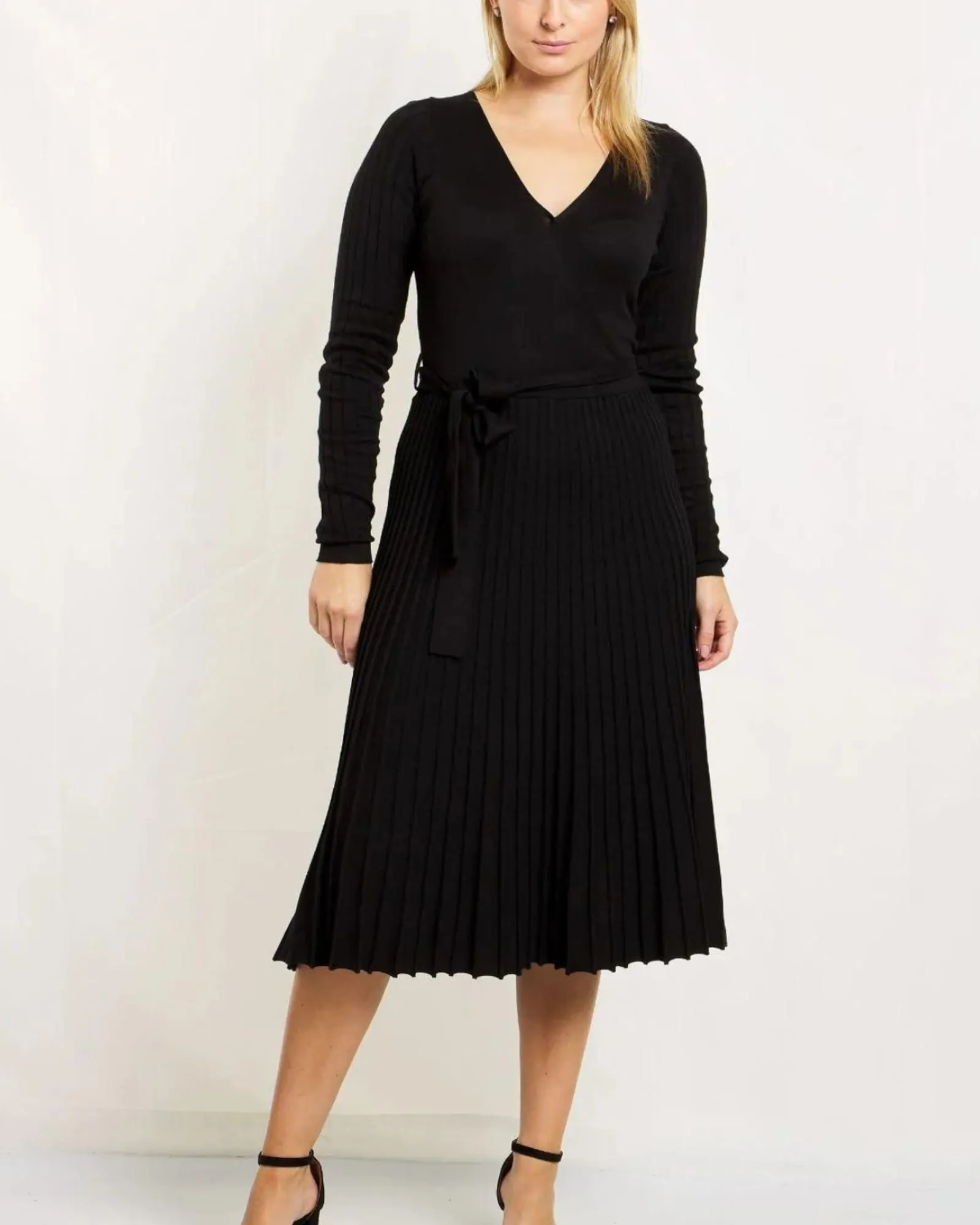 Adelina Dress Knit Pleated Skirt Crossover Top | Black