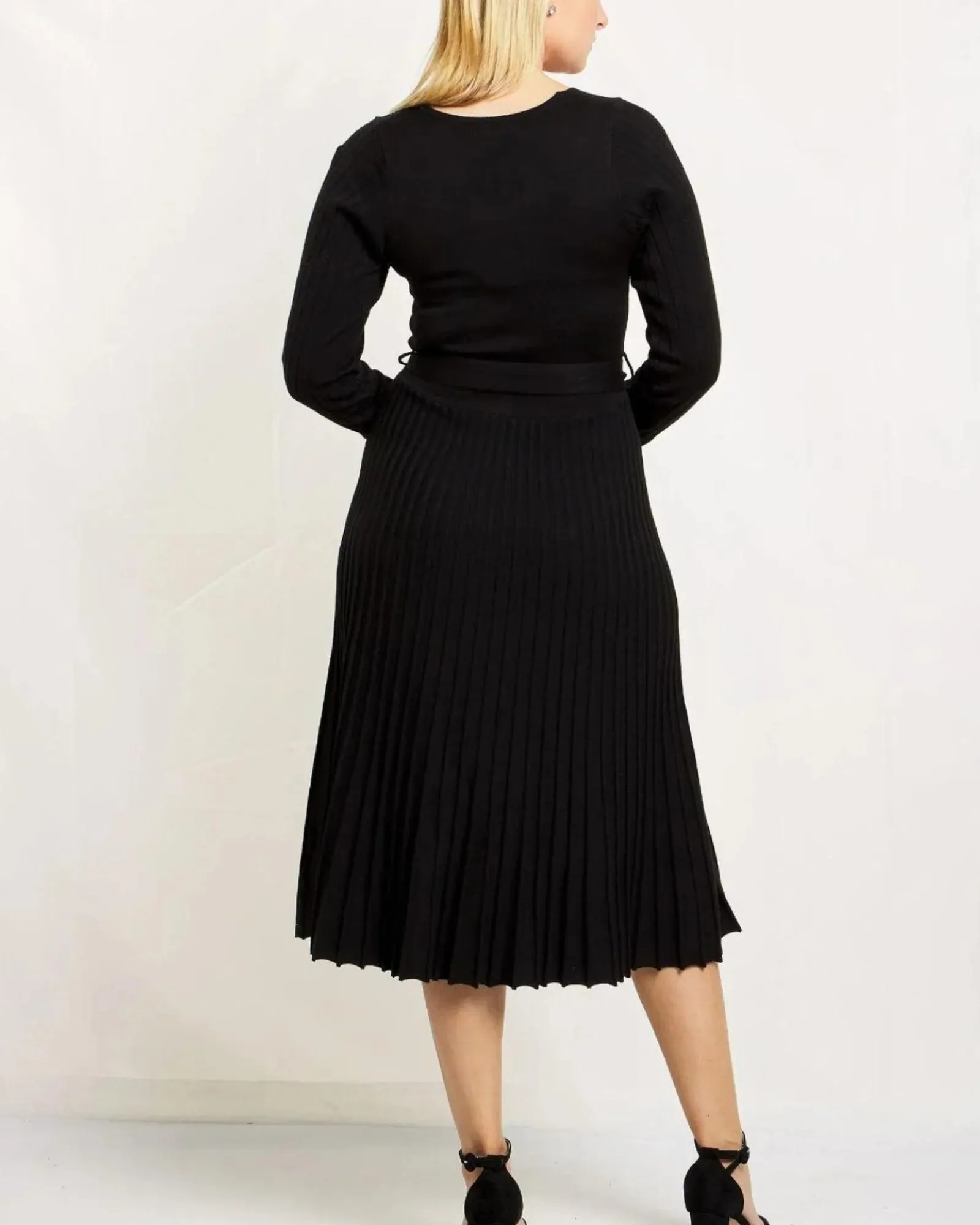 Adelina Dress Knit Pleated Skirt Crossover Top | Black