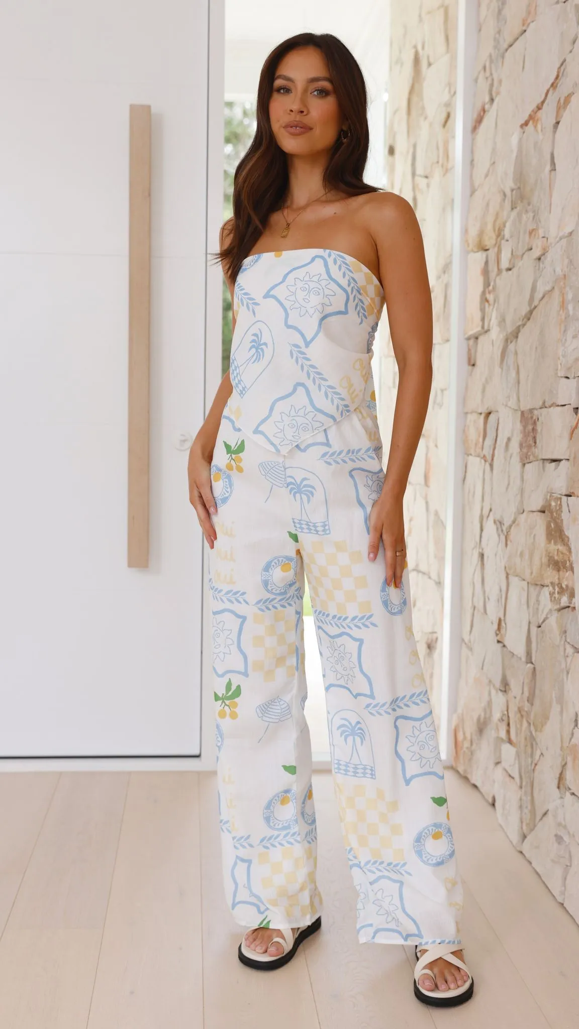 Aimie Pants - Blue / Yellow Holiday Print