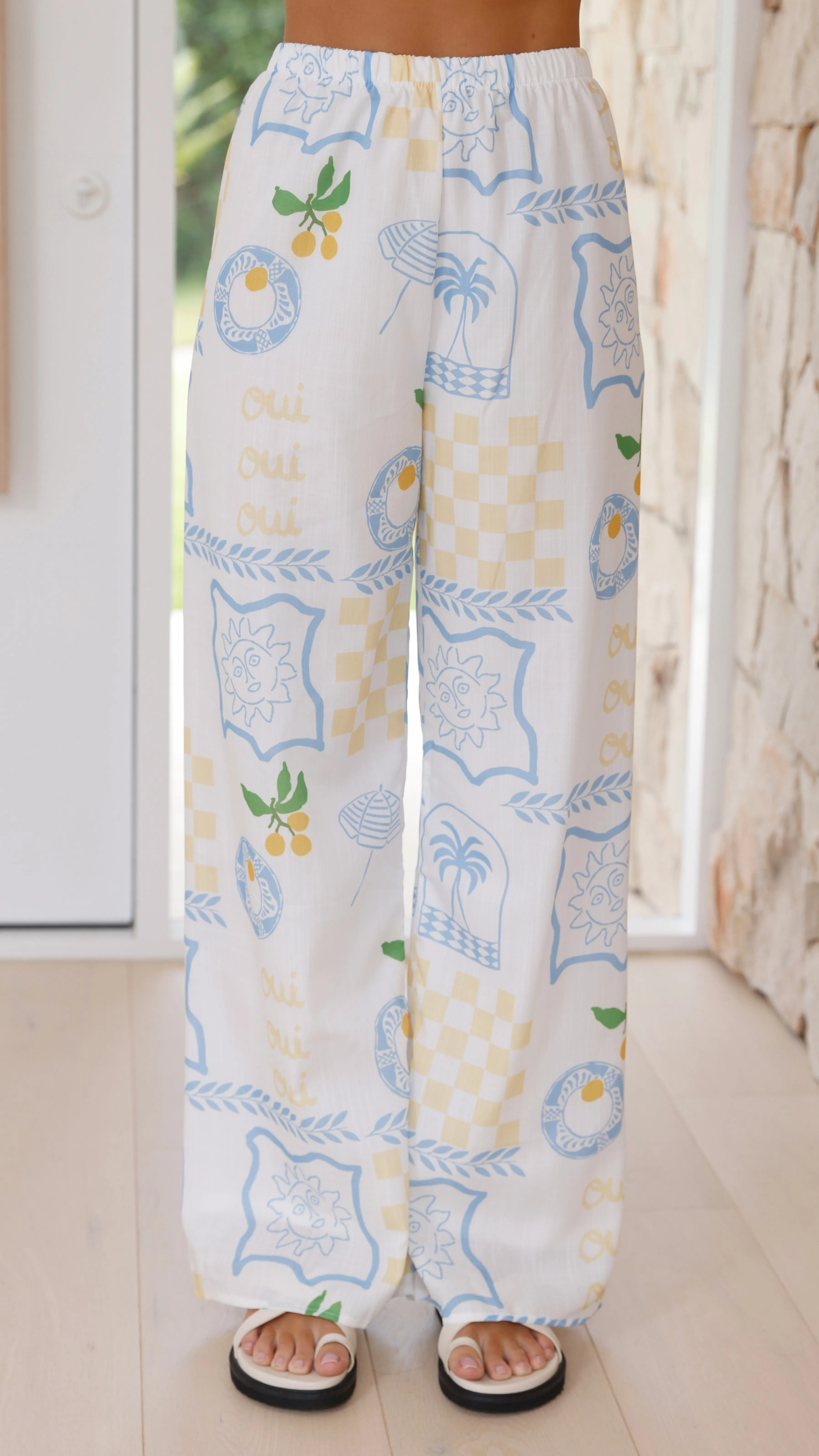 Aimie Pants - Blue / Yellow Holiday Print