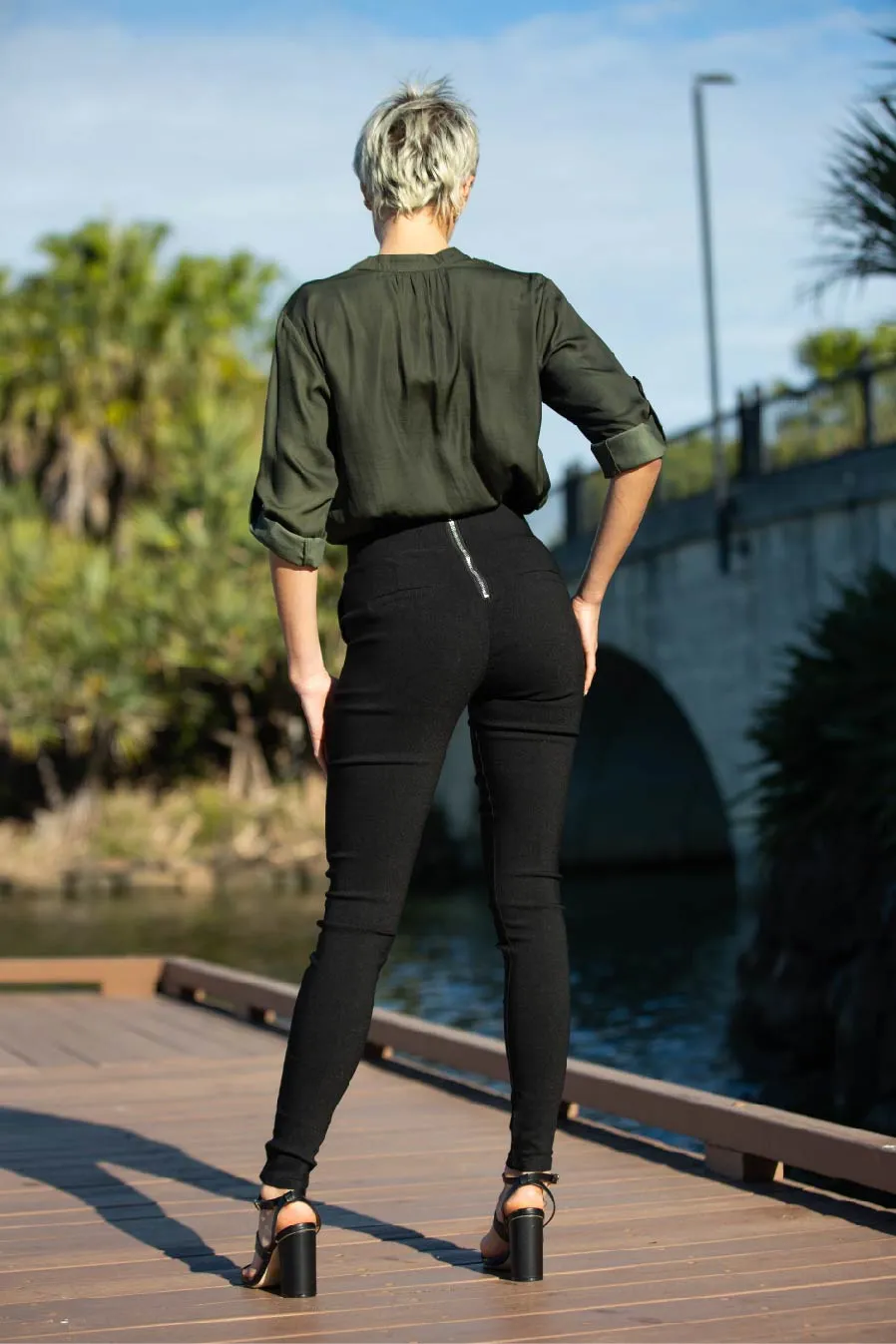 Amara High Waisted Black Matt Zip back Pants