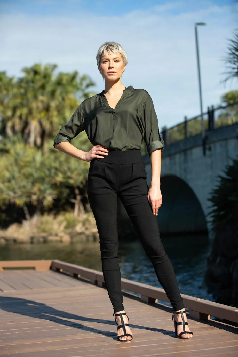 Amara High Waisted Black Matt Zip back Pants