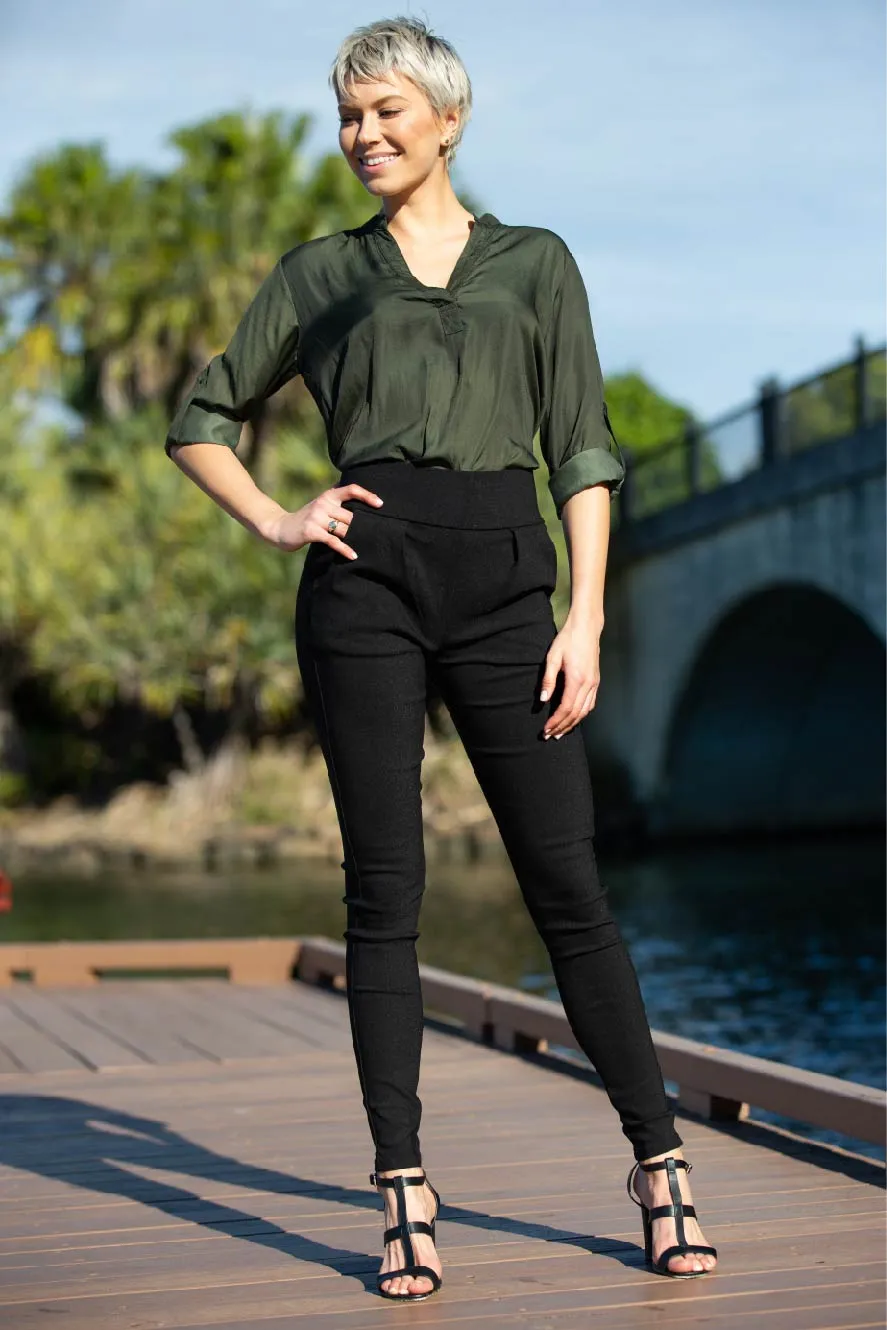 Amara High Waisted Black Matt Zip back Pants