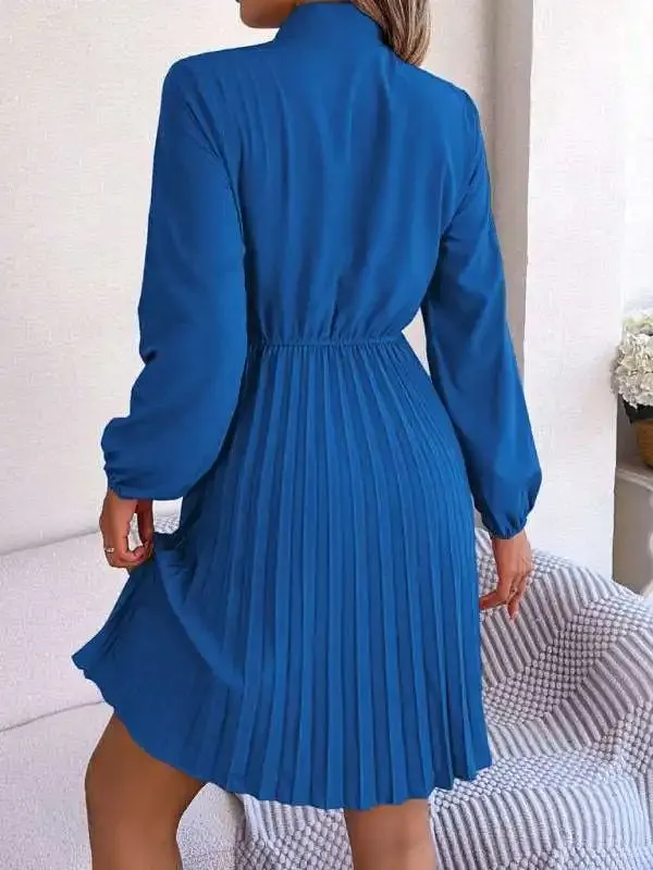 Autumn and winter temperament tie waist long sleeve pleated skirt
