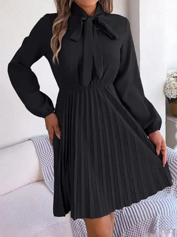 Autumn and winter temperament tie waist long sleeve pleated skirt