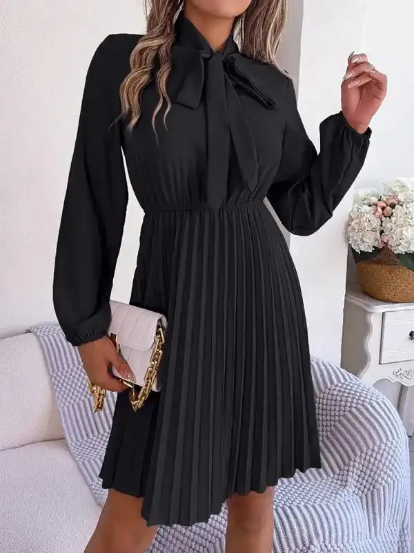 Autumn and winter temperament tie waist long sleeve pleated skirt