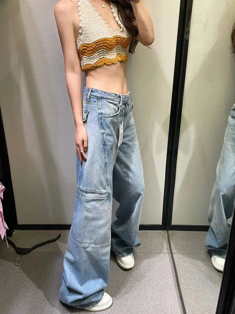 Baggy Cargo Jeans Women Blue Wide Leg High Waist Denim Pants