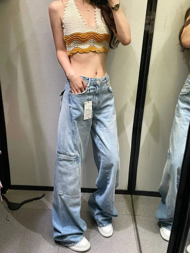Baggy Cargo Jeans Women Blue Wide Leg High Waist Denim Pants