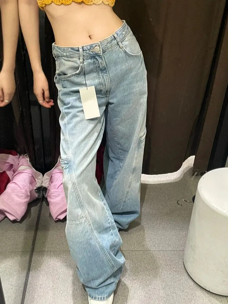 Baggy Cargo Jeans Women Blue Wide Leg High Waist Denim Pants