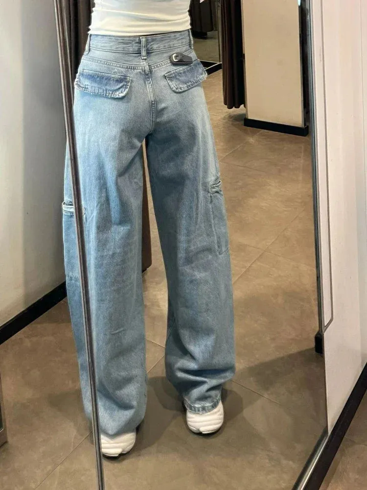 Baggy Cargo Jeans Women Blue Wide Leg High Waist Denim Pants