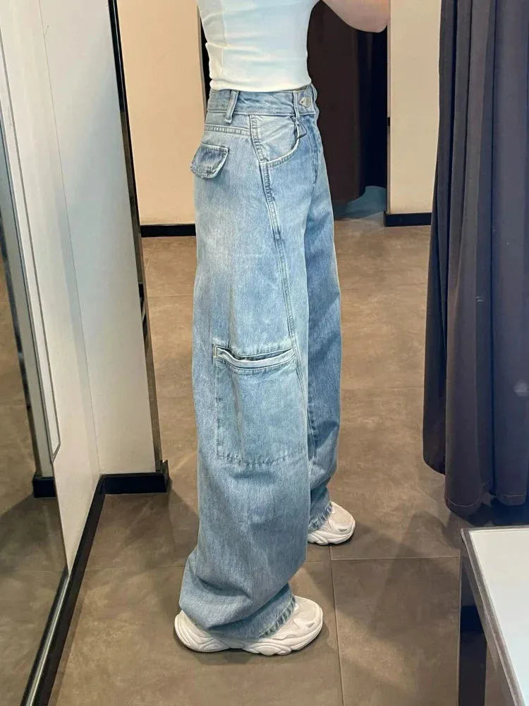 Baggy Cargo Jeans Women Blue Wide Leg High Waist Denim Pants