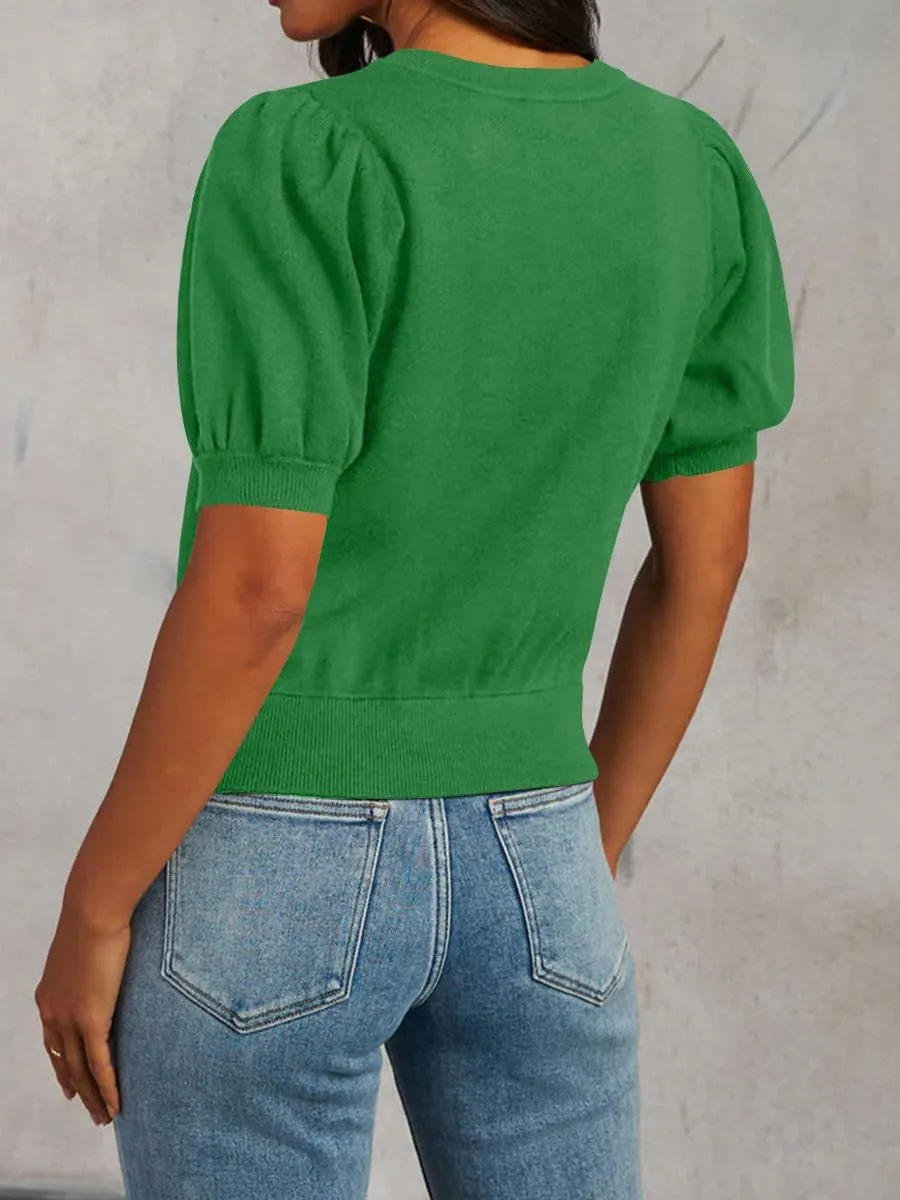 BeautyNee Womens Short Sleeve Sweater Puff Short Sleeve Tops Crew Neck Basic Knit Pullover Soft Casual Pullover Shirts