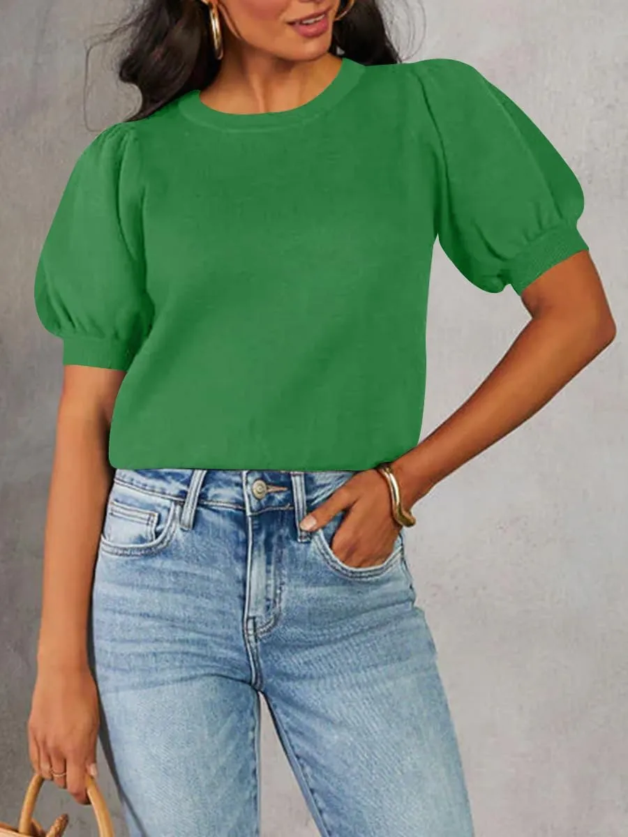 BeautyNee Womens Short Sleeve Sweater Puff Short Sleeve Tops Crew Neck Basic Knit Pullover Soft Casual Pullover Shirts