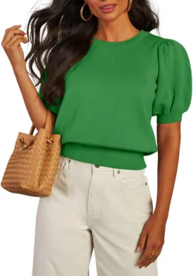 BeautyNee Womens Short Sleeve Sweater Puff Short Sleeve Tops Crew Neck Basic Knit Pullover Soft Casual Pullover Shirts