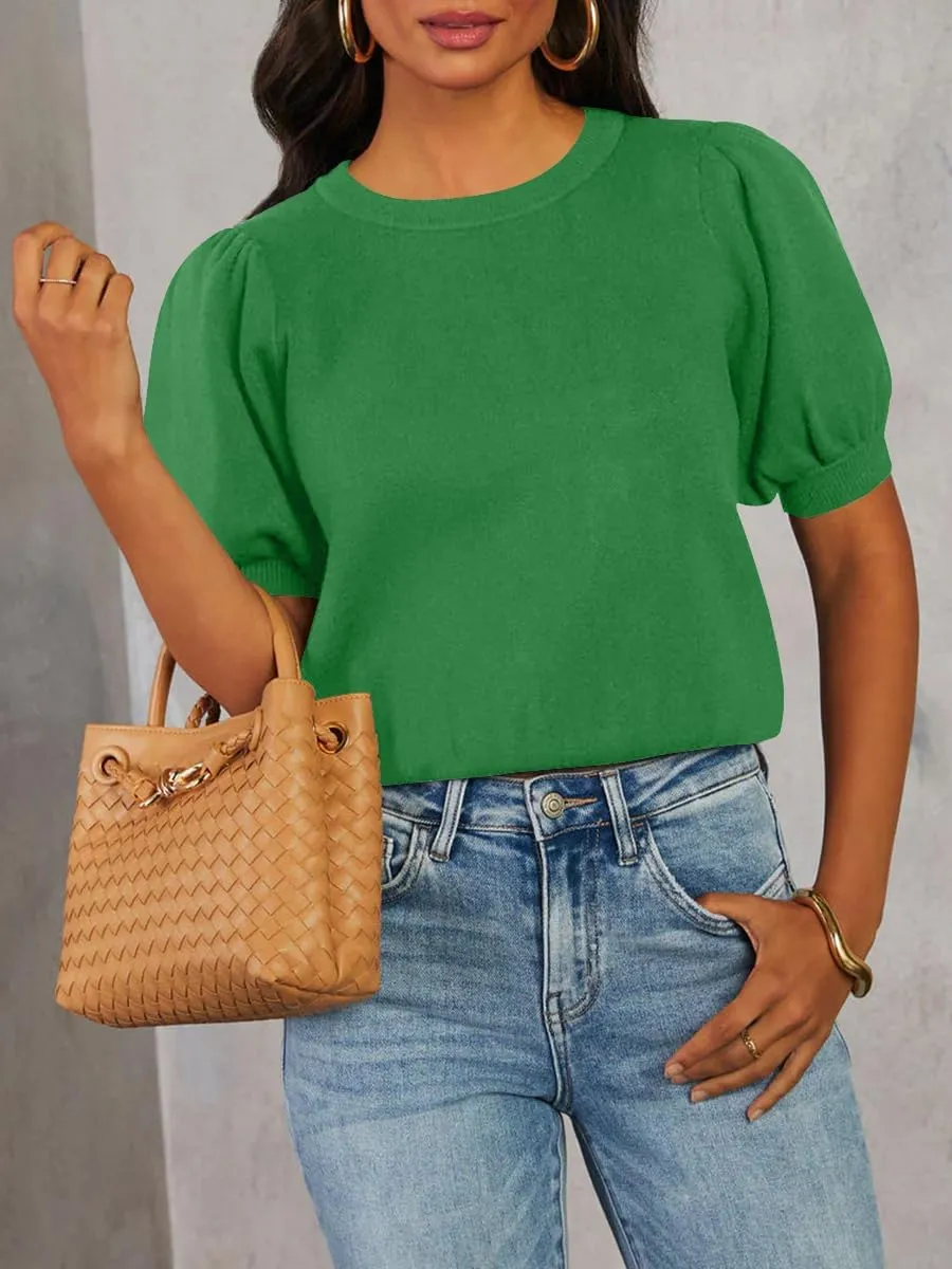 BeautyNee Womens Short Sleeve Sweater Puff Short Sleeve Tops Crew Neck Basic Knit Pullover Soft Casual Pullover Shirts