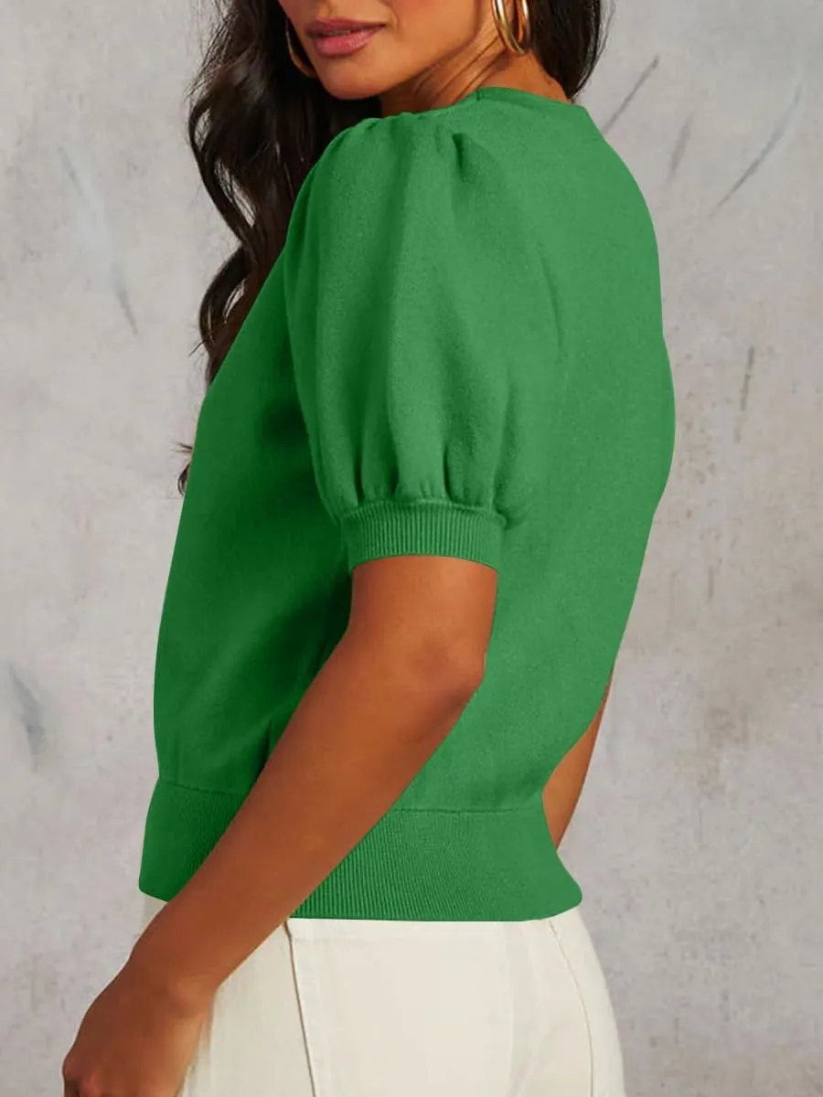 BeautyNee Womens Short Sleeve Sweater Puff Short Sleeve Tops Crew Neck Basic Knit Pullover Soft Casual Pullover Shirts