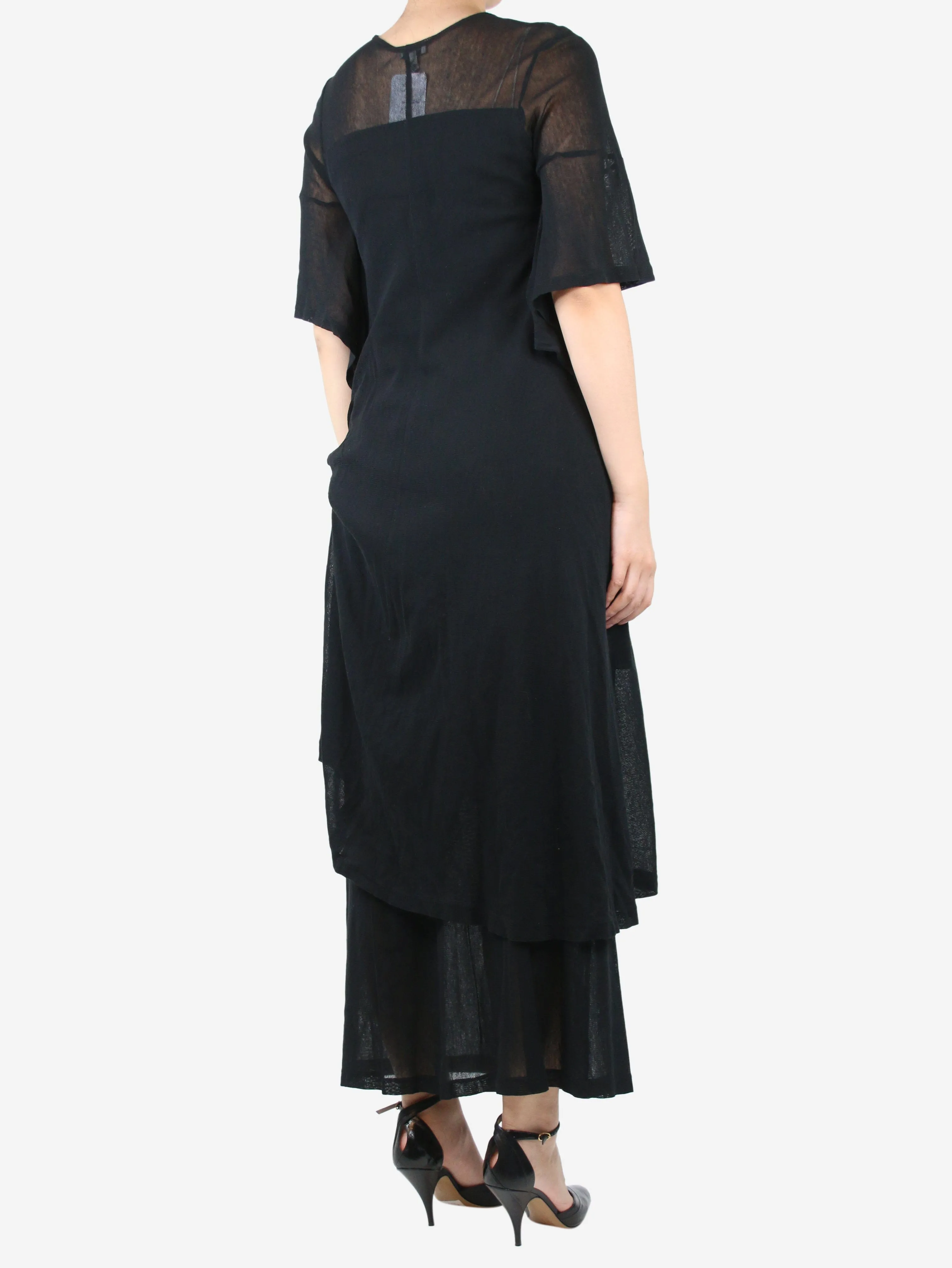 Black asymmetric gathered midi dress and sheer skirt set - size M