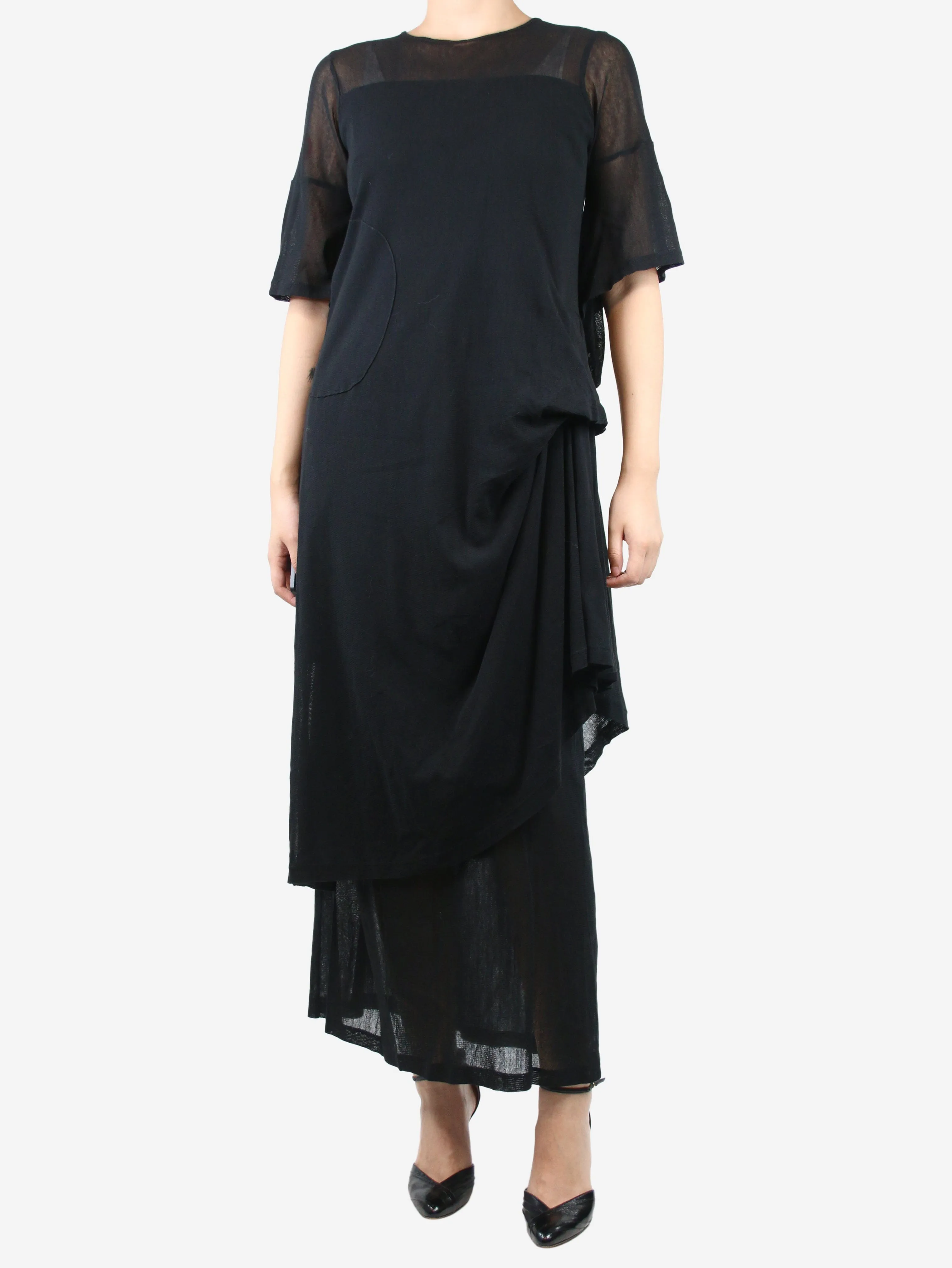 Black asymmetric gathered midi dress and sheer skirt set - size M