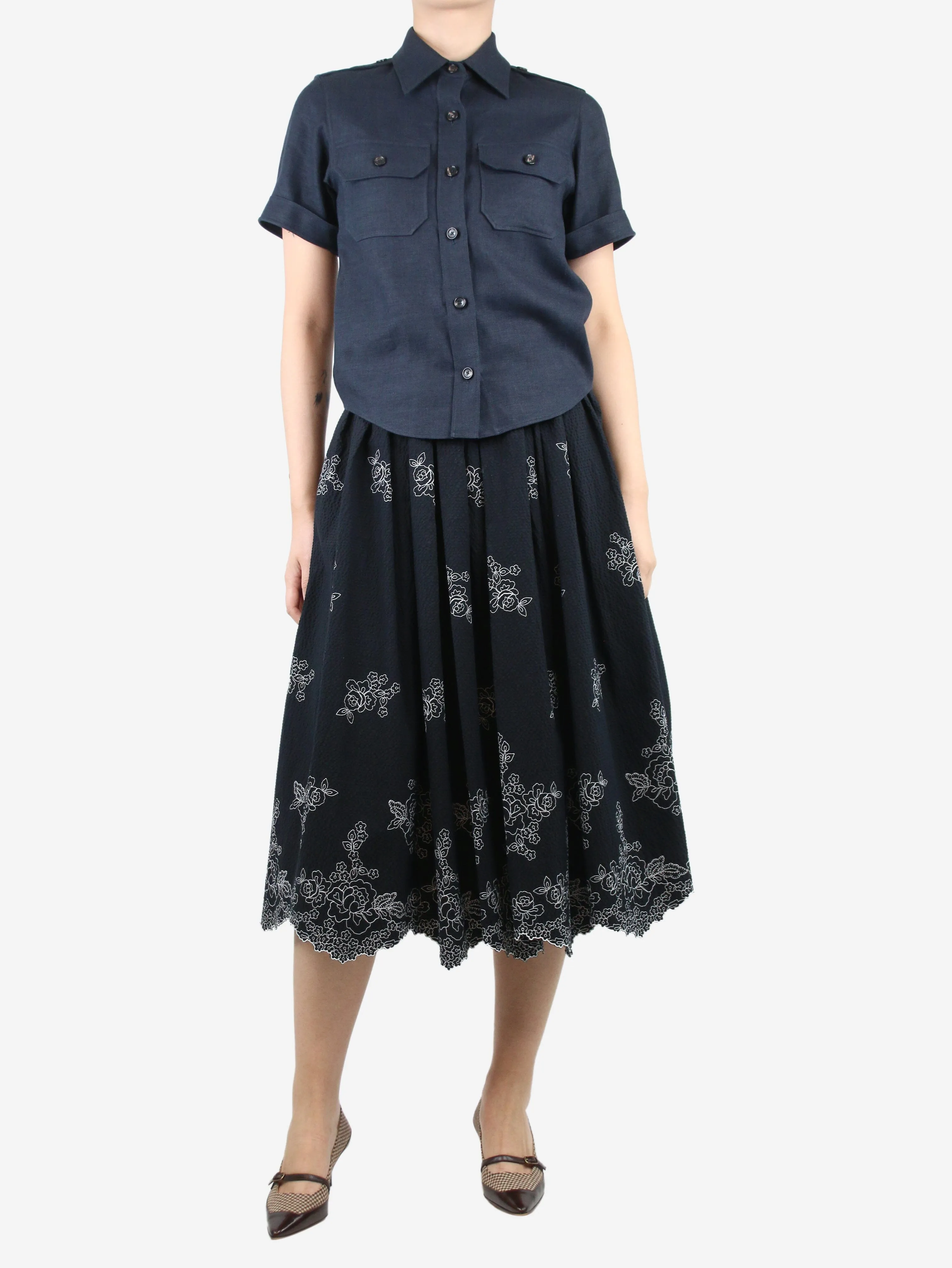Black embroidered seersucker skirt - size UK 10