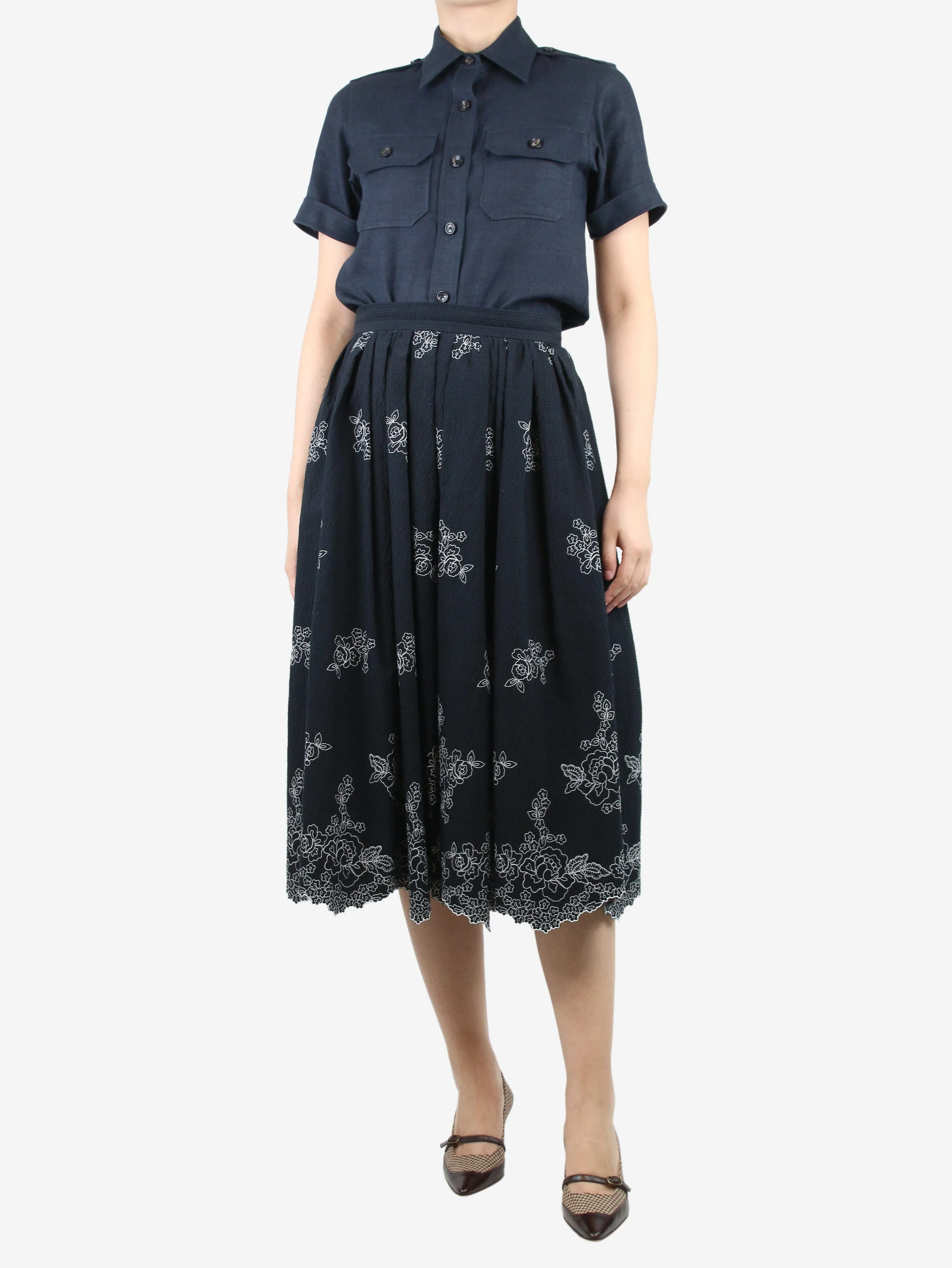 Black embroidered seersucker skirt - size UK 10