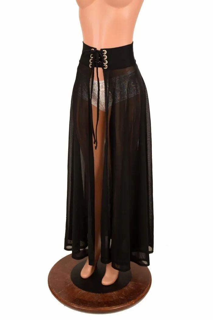 Black Mesh Lace Up Front Skirt