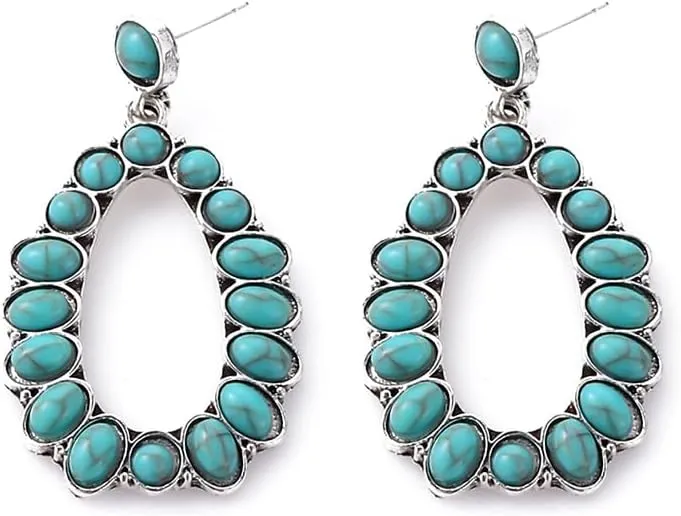 Boolavard Turquoise Bohemian Dangle Earrings for Women, Turquoise Dainty Teardrop Drop Earrings Boho Hoop Healing Stone Earrings Jewelry Gifts