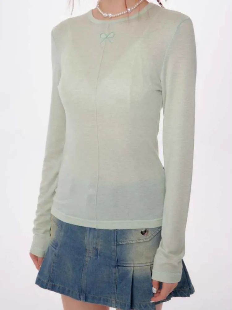 Bow Knot Semi-Sheer Slim Fit Bottoming Shirt【s0000007137】