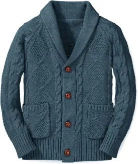 Boy's Sweater Cardigan Button Down Shawl Collar Cable Knitted Outwear Sweater Coats with Pockets