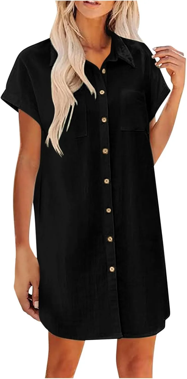 Button Front Shirt Dress for Women, Summer Turndown Collar Short Sleeve Dress Slouchy Loose Linen Dress with Pockets