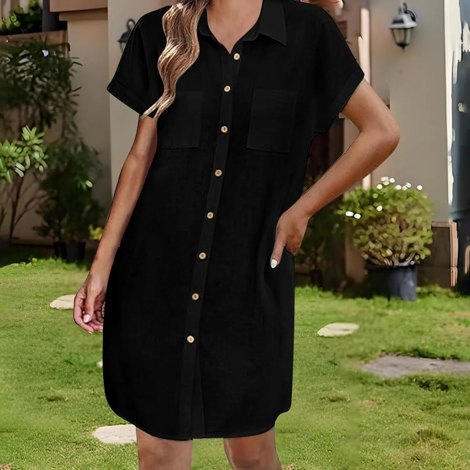 Button Front Shirt Dress for Women, Summer Turndown Collar Short Sleeve Dress Slouchy Loose Linen Dress with Pockets