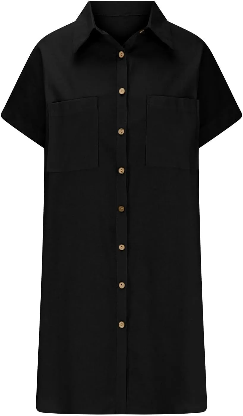Button Front Shirt Dress for Women, Summer Turndown Collar Short Sleeve Dress Slouchy Loose Linen Dress with Pockets