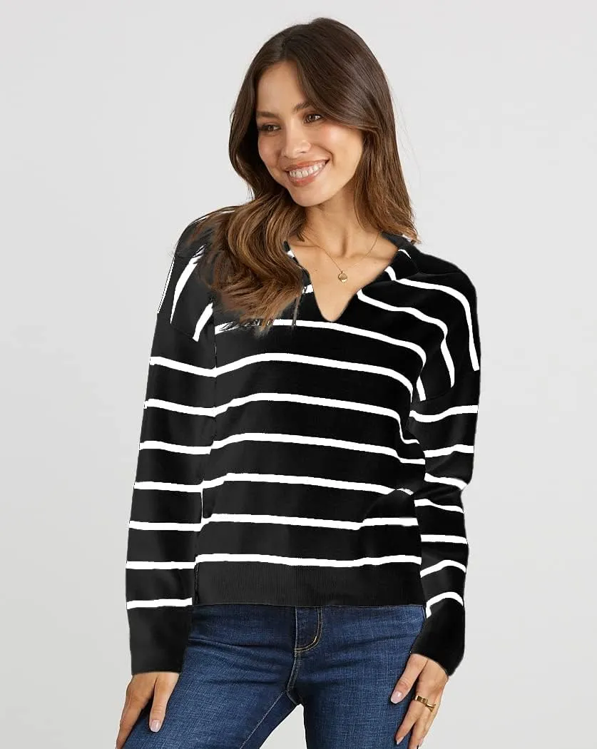 CFLONGE Women's Casual Striped Long Sleeve Polo V Neck Lightweight Pullover Sweater Loose Fit Drop Shoulder Knitted Shirt Top