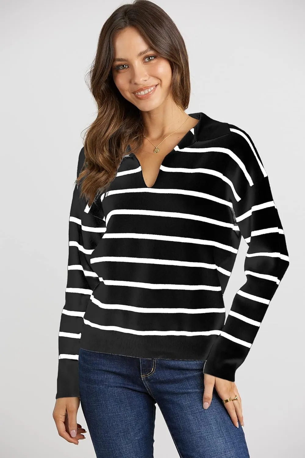 CFLONGE Women's Casual Striped Long Sleeve Polo V Neck Lightweight Pullover Sweater Loose Fit Drop Shoulder Knitted Shirt Top
