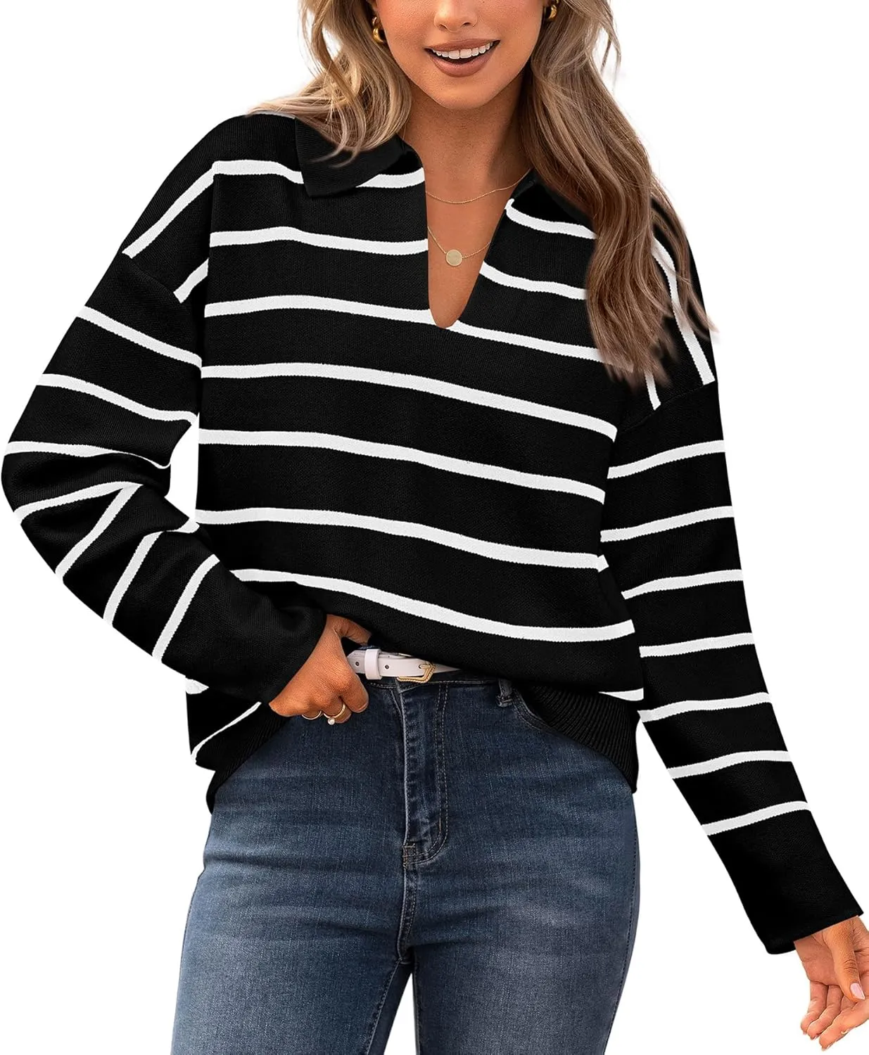 CFLONGE Women's Casual Striped Long Sleeve Polo V Neck Lightweight Pullover Sweater Loose Fit Drop Shoulder Knitted Shirt Top