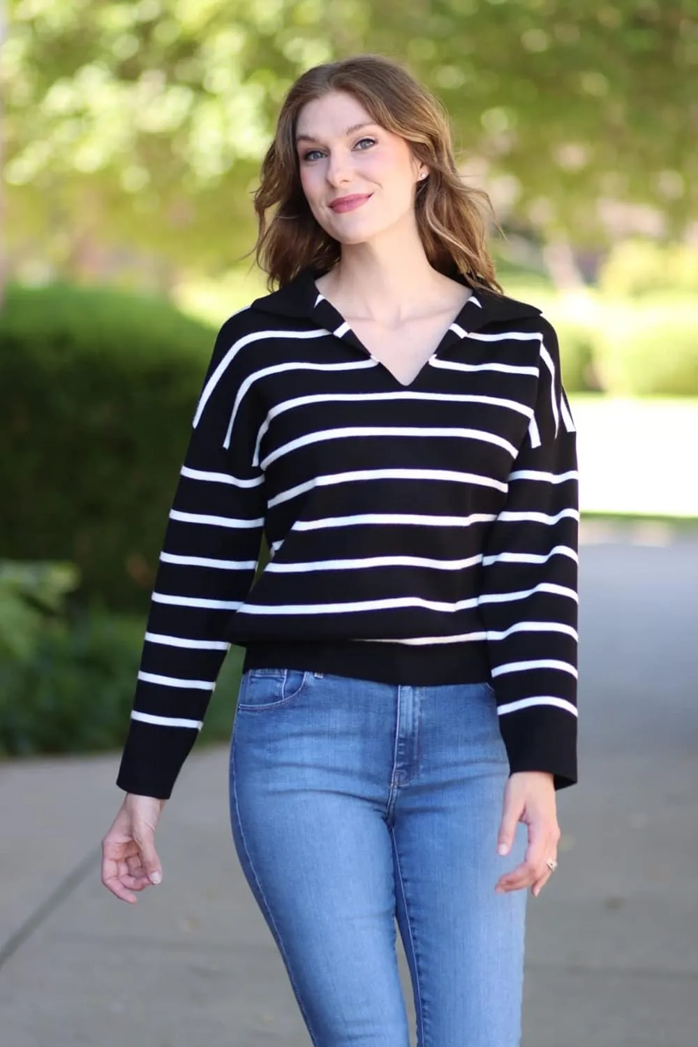 CFLONGE Women's Casual Striped Long Sleeve Polo V Neck Lightweight Pullover Sweater Loose Fit Drop Shoulder Knitted Shirt Top