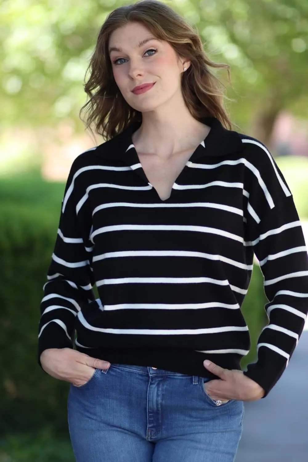 CFLONGE Women's Casual Striped Long Sleeve Polo V Neck Lightweight Pullover Sweater Loose Fit Drop Shoulder Knitted Shirt Top