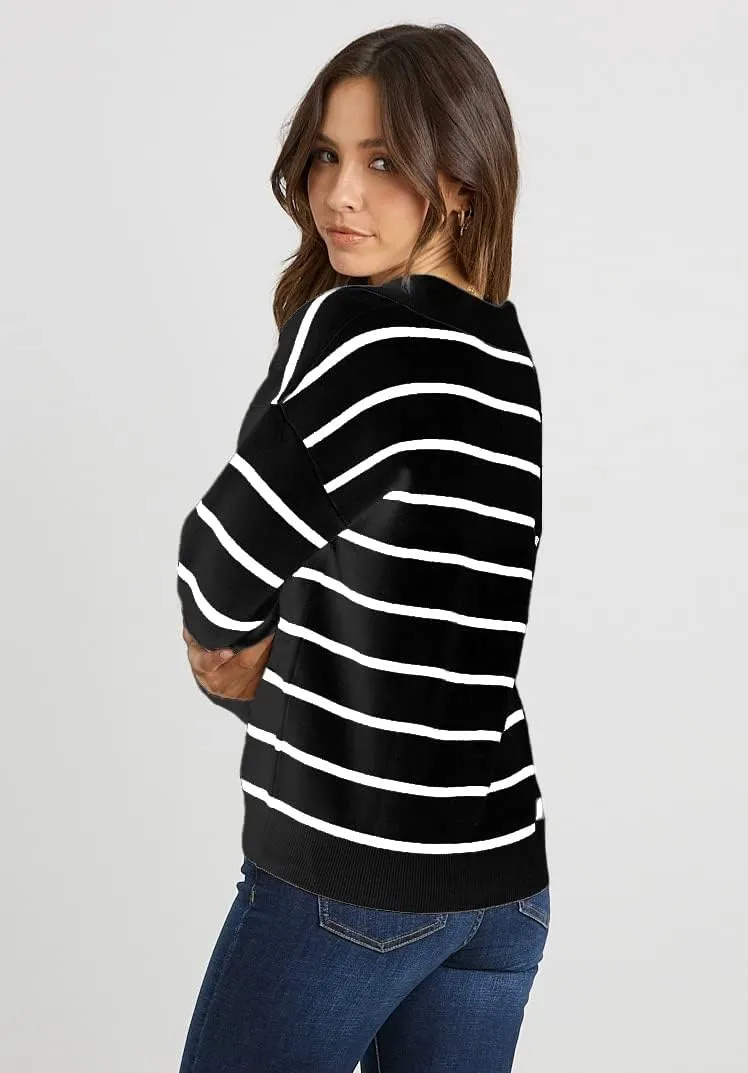 CFLONGE Women's Casual Striped Long Sleeve Polo V Neck Lightweight Pullover Sweater Loose Fit Drop Shoulder Knitted Shirt Top