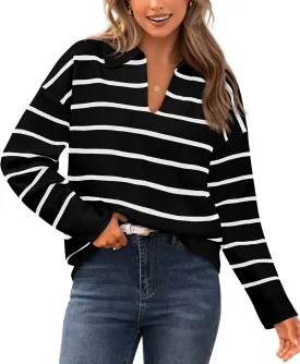 CFLONGE Women's Casual Striped Long Sleeve Polo V Neck Lightweight Pullover Sweater Loose Fit Drop Shoulder Knitted Shirt Top