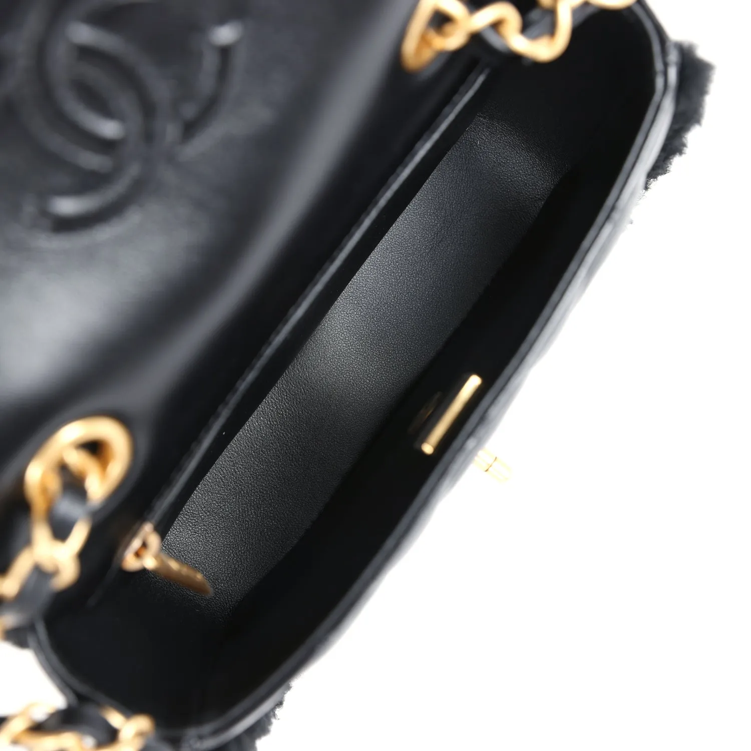Chanel Mini Shearling Flap Bag Black Lambskin Brushed Gold Hardware