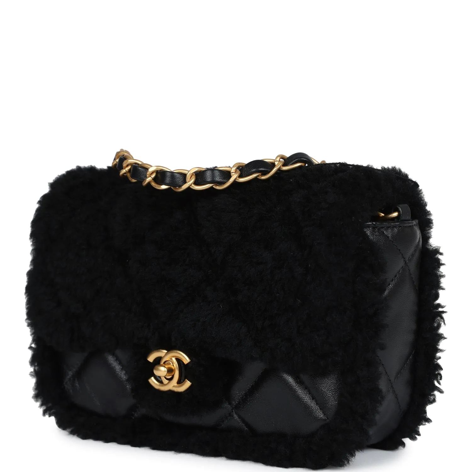 Chanel Mini Shearling Flap Bag Black Lambskin Brushed Gold Hardware