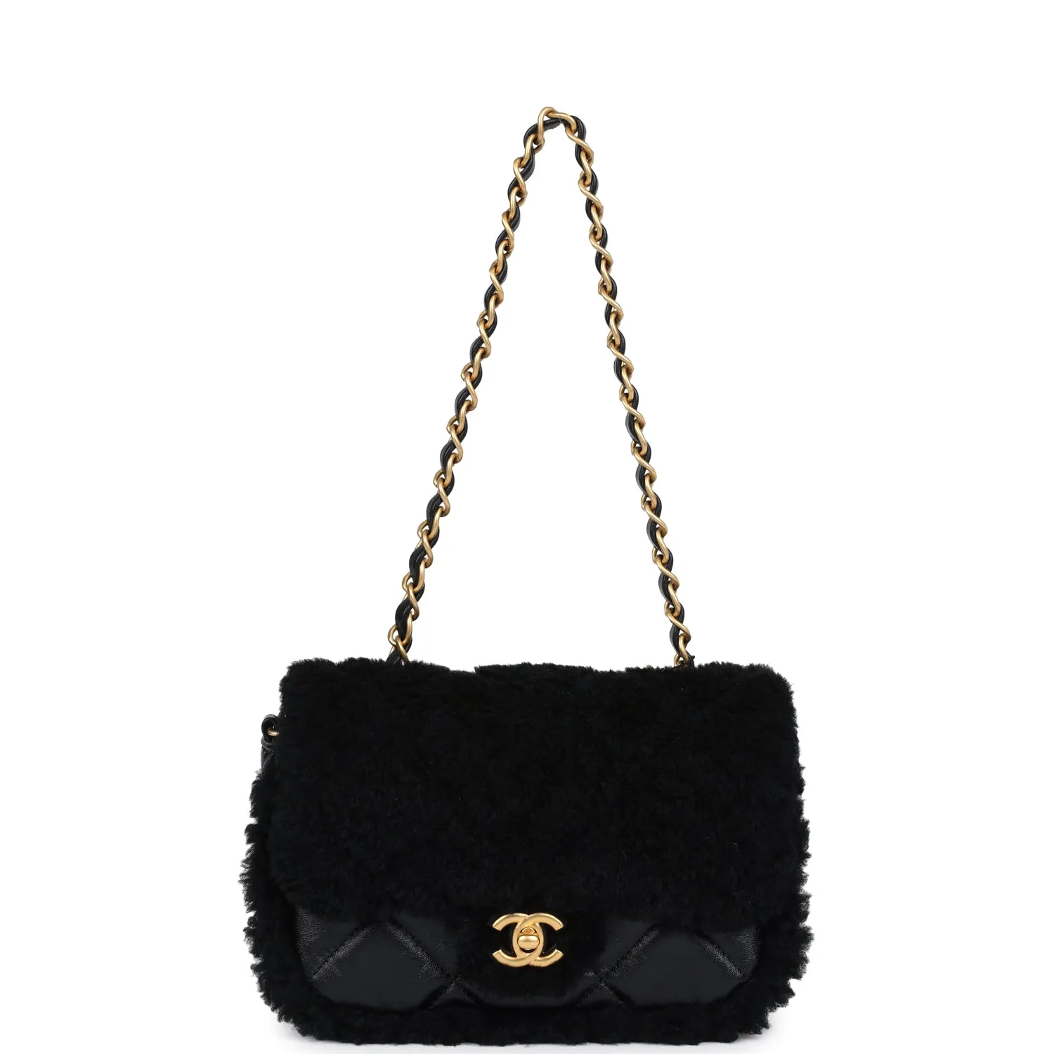Chanel Mini Shearling Flap Bag Black Lambskin Brushed Gold Hardware