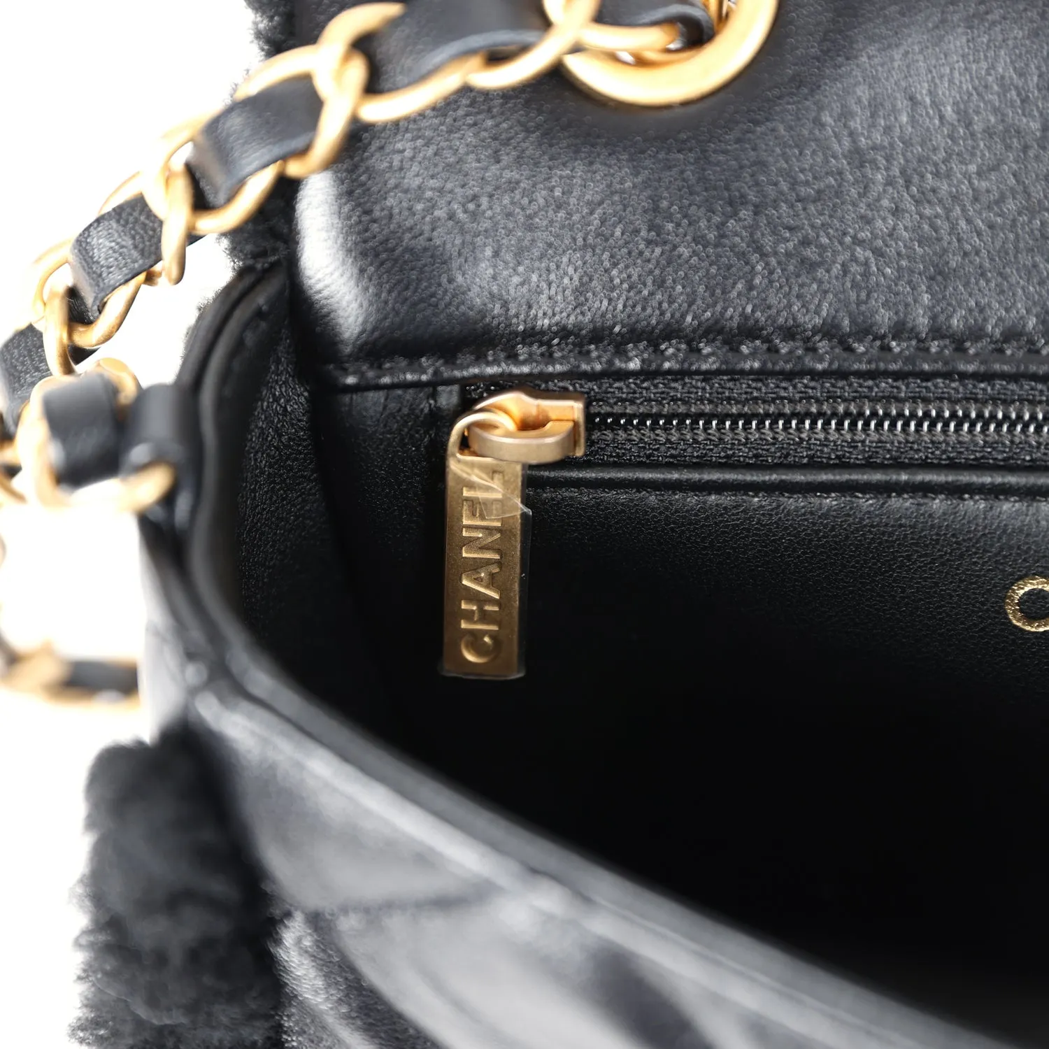 Chanel Mini Shearling Flap Bag Black Lambskin Brushed Gold Hardware