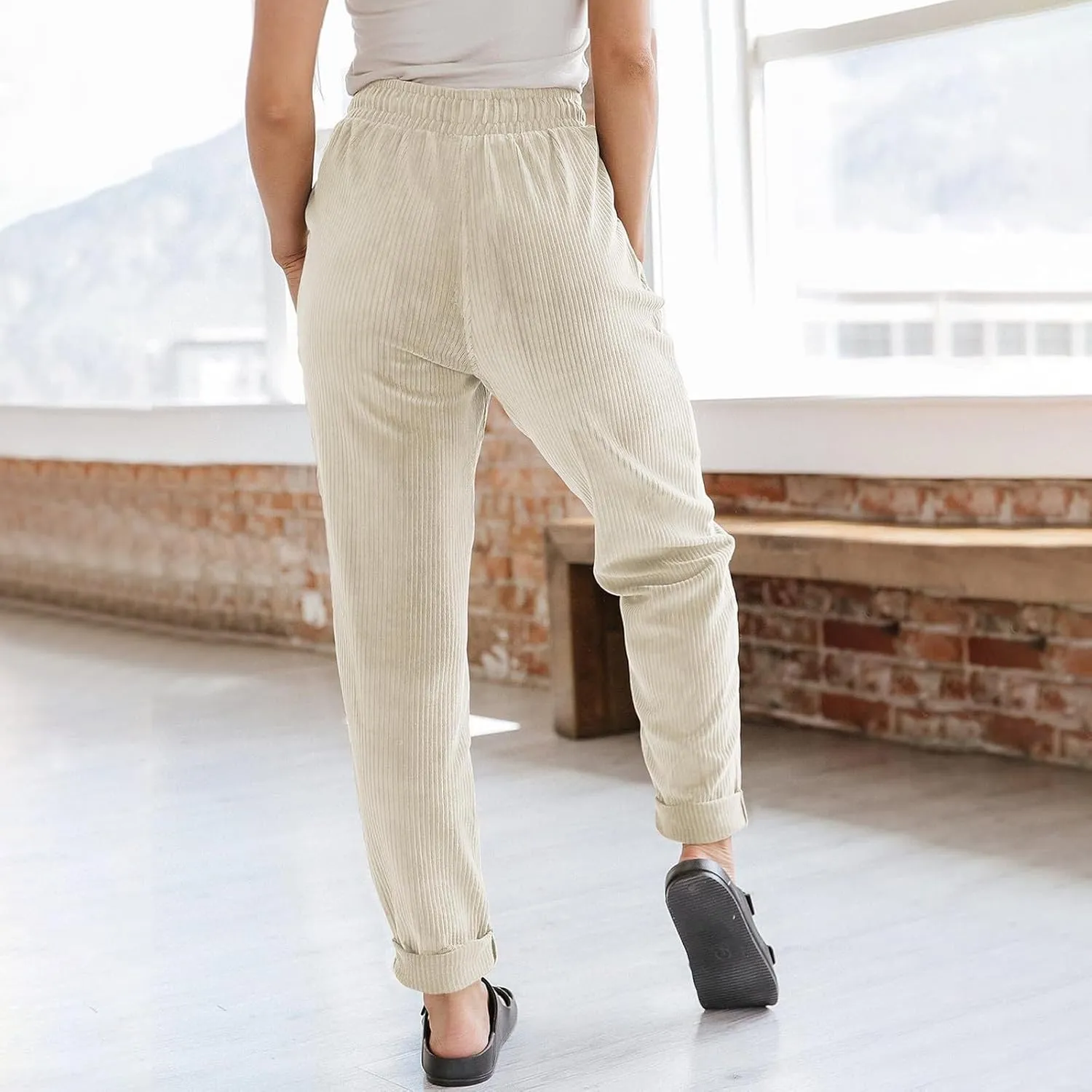 Corduroy Pants Women Baggy Comfy Drawstring Elastic High Waisted Work Pants Casual Loose Straight Leg Pants