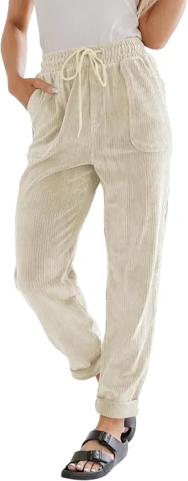 Corduroy Pants Women Baggy Comfy Drawstring Elastic High Waisted Work Pants Casual Loose Straight Leg Pants