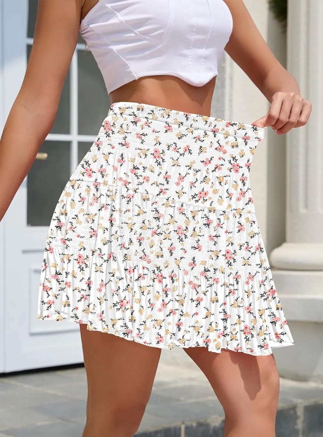 CYiNu Short Skirts for Women Summer Boho Flowy A Line Chiffon Tiered Pleated Mini Skirt