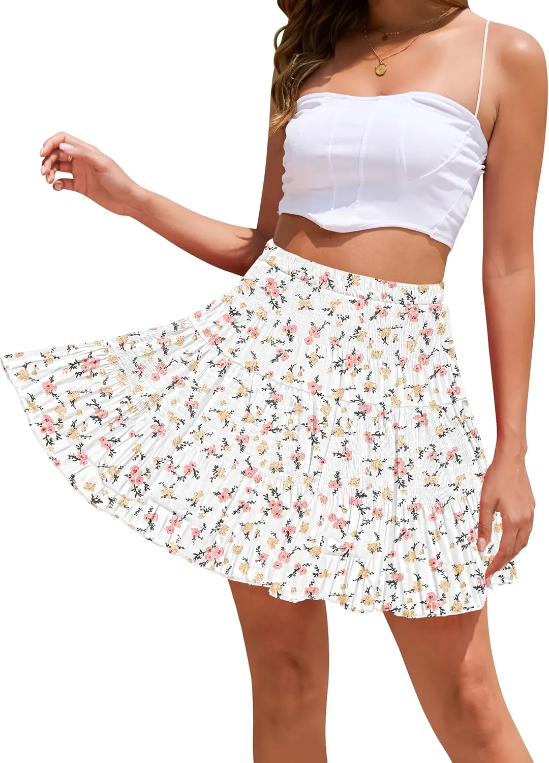 CYiNu Short Skirts for Women Summer Boho Flowy A Line Chiffon Tiered Pleated Mini Skirt