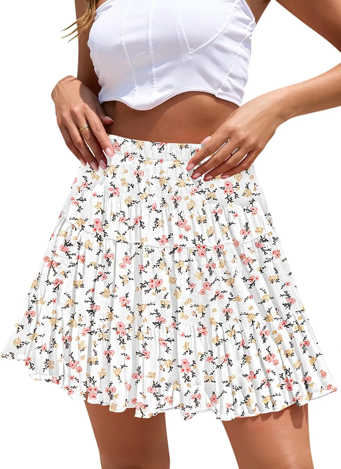 CYiNu Short Skirts for Women Summer Boho Flowy A Line Chiffon Tiered Pleated Mini Skirt