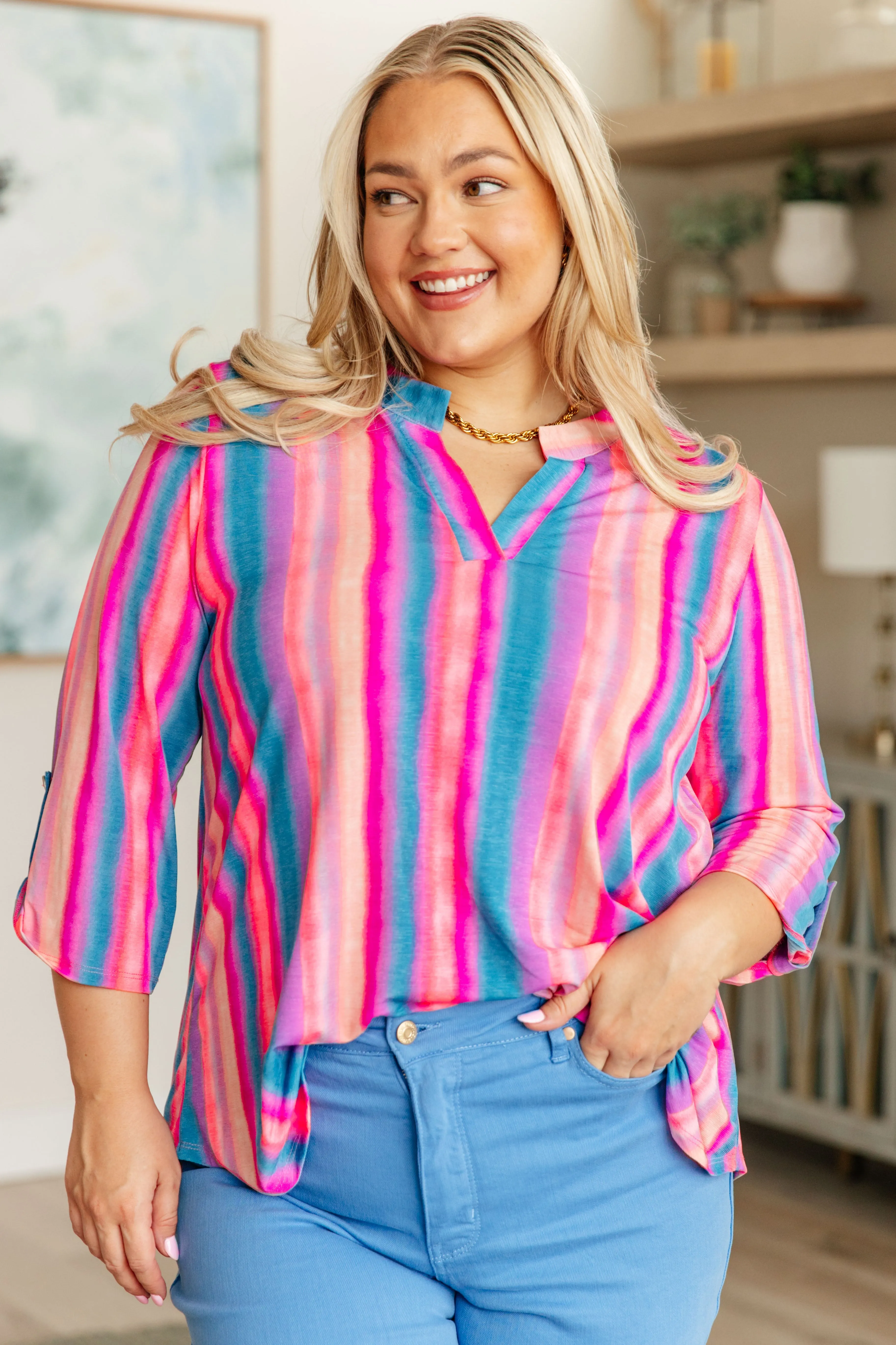 Dear Scarlett Lizzy Top in Blue and Pink Stripe