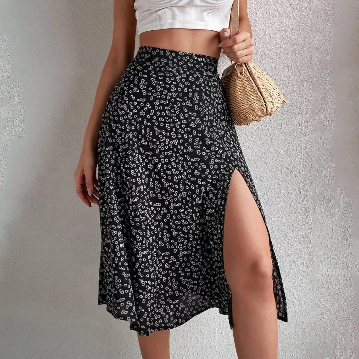 Ditsy Floral Boho Skirt for Women with Slit Summer High Waisted Flowy Midi Skirt Casual A-Line Split Beach Skirt
