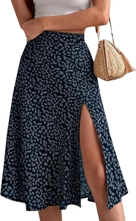 Ditsy Floral Boho Skirt for Women with Slit Summer High Waisted Flowy Midi Skirt Casual A-Line Split Beach Skirt